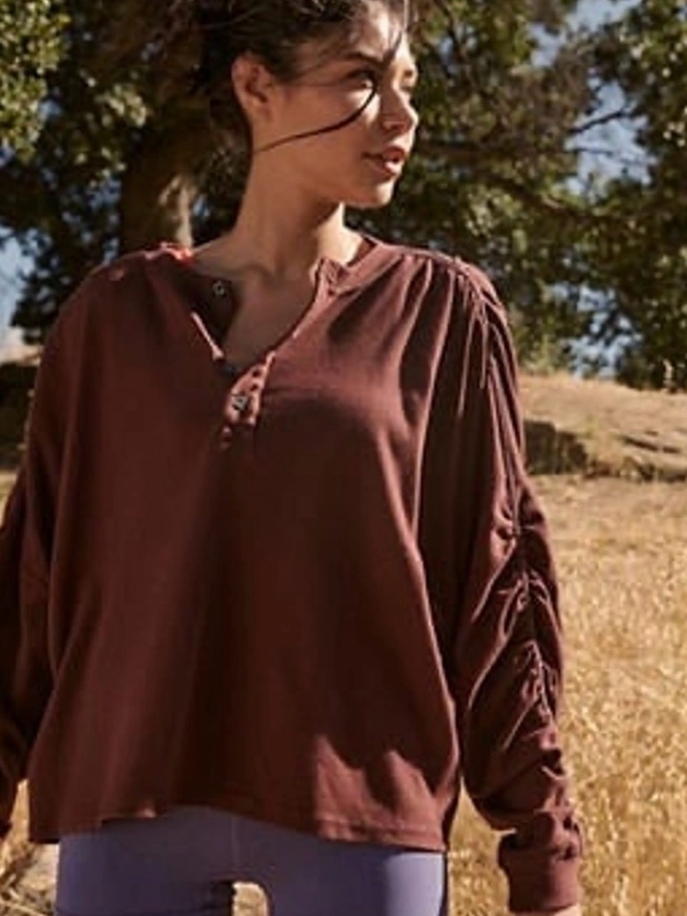 FP Movement Flow State Henley Top Large Burgundy Ruched Sleeve Oversized EUC